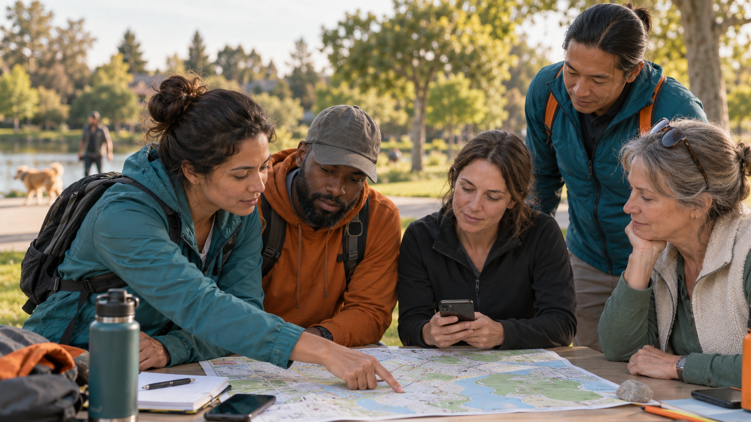 Community volunteers organizing search updates around a shared map